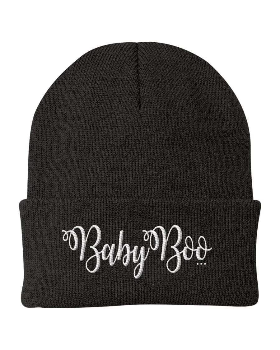 Beanie Knit Cap - Baby Boo Graphic Hat / White Text - Unisex | Embroidered Knit