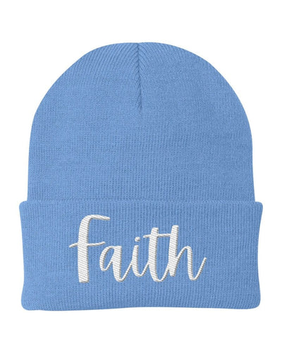 Beanie Knit Cap - Faith Embroidered Hat / Yupoong / White Text - Unisex