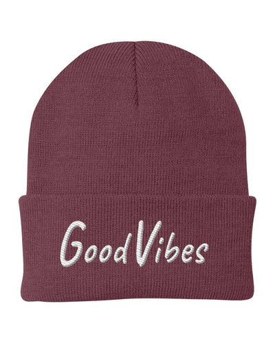 Beanie Knit Cap - Good Vibes Embroidered Hat / White Text - Unisex | Embroidered