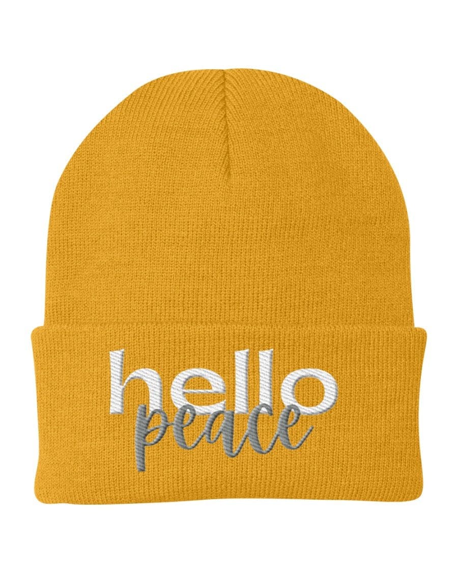 Beanie Knit Cap - Hello Peace Embroidered Hat / White Text - Unisex