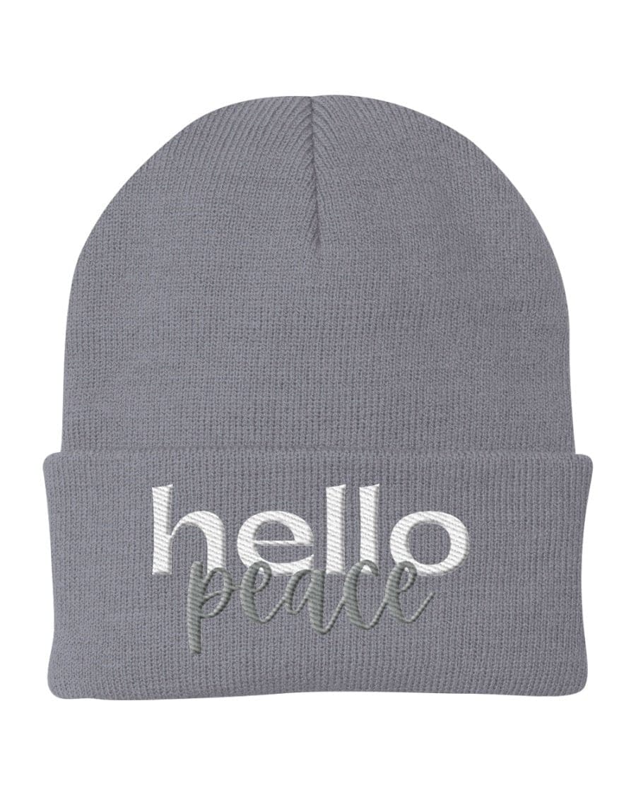 Beanie Knit Cap - Hello Peace Embroidered Hat / White Text - Unisex