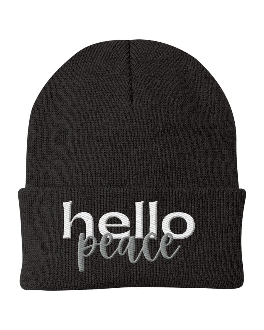 Beanie Knit Cap - Hello Peace Embroidered Hat / White Text - Unisex