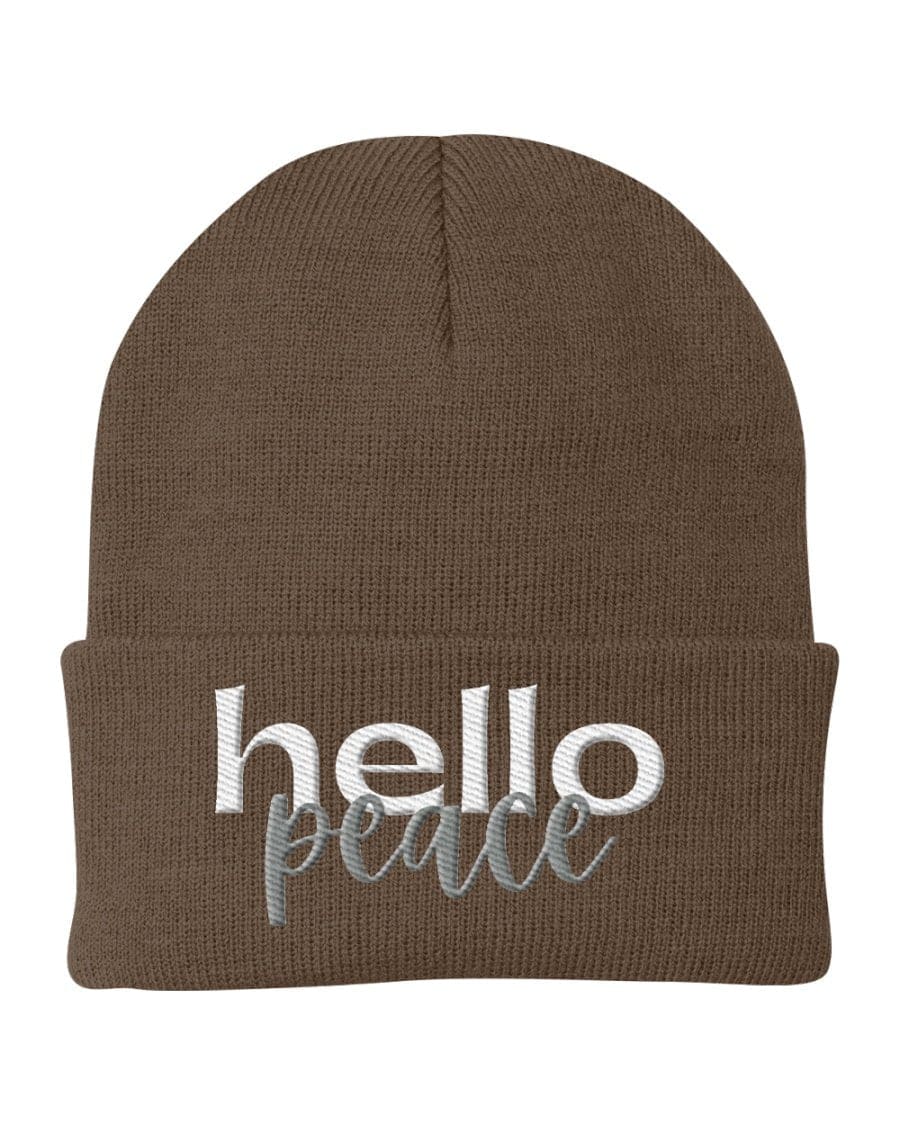 Beanie Knit Cap - Hello Peace Embroidered Hat / White Text - Unisex