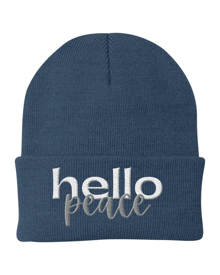 Beanie Knit Cap - Hello Peace Embroidered Hat / White Text - Unisex