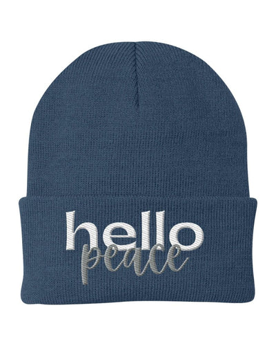 Beanie Knit Cap - Hello Peace Embroidered Hat / White Text - Unisex