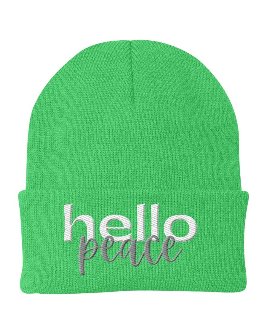 Beanie Knit Cap - Hello Peace Embroidered Hat / White Text - Unisex