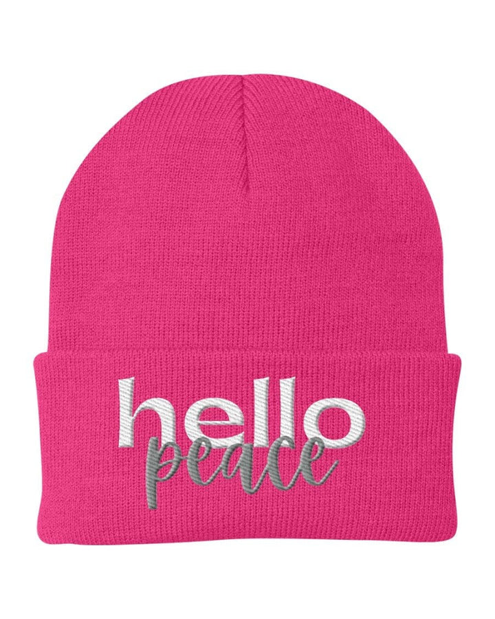 Beanie Knit Cap - Hello Peace Embroidered Hat / White Text - Unisex