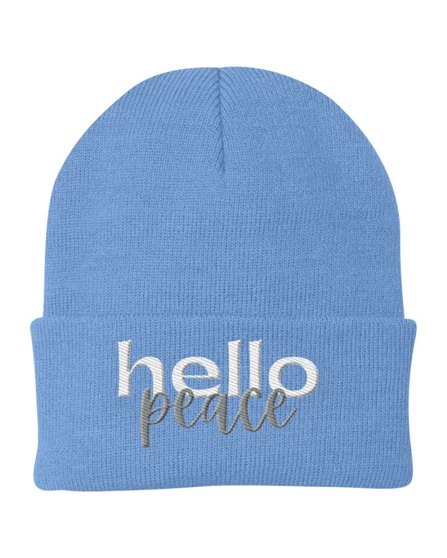 Beanie Knit Cap - Hello Peace Embroidered Hat / Yupoong / White Text - Unisex