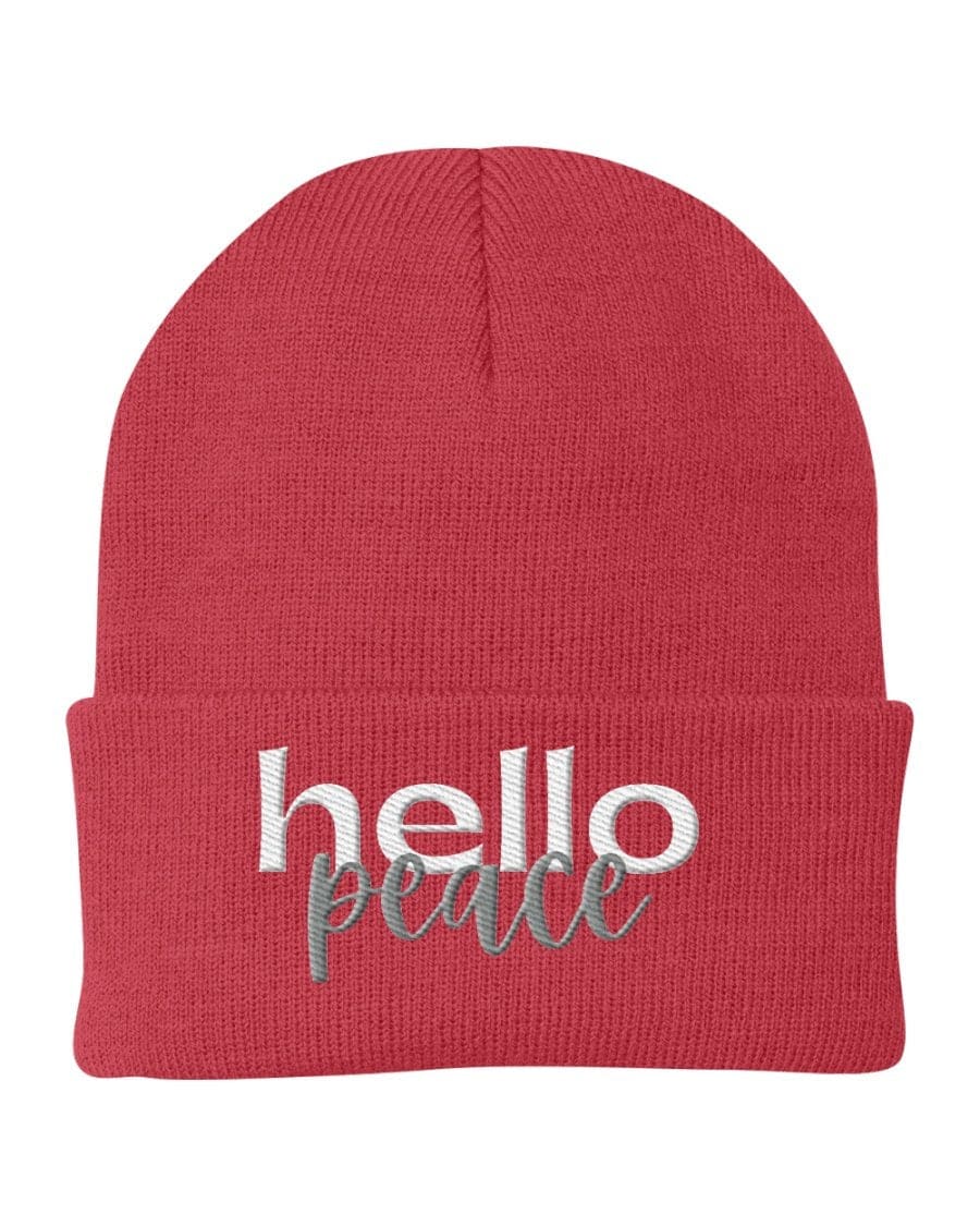 Beanie Knit Cap - Hello Peace Embroidered Hat / Yupoong / White Text - Unisex