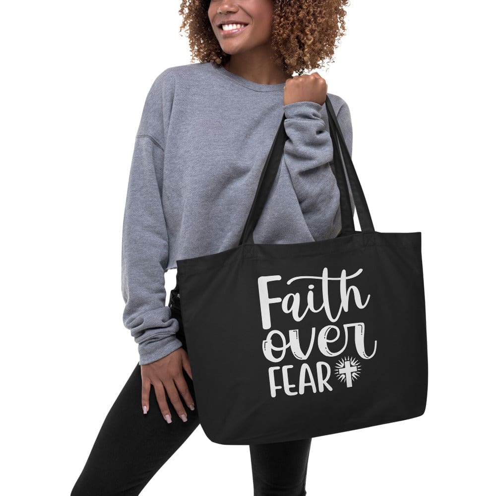 Large Black Tote Bag - Faith Over Fear Inspirational Print - Bags | Tote Bags