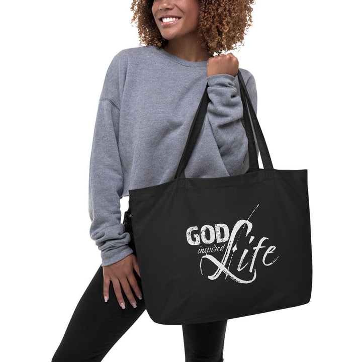 Large Black Tote Bag - God Inspired Life Inspirational Print - Bags | Tote Bags