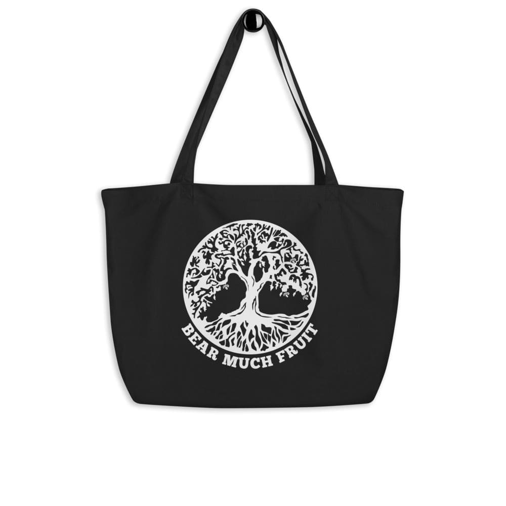 Large Black Tote Bag - Tree Of Life - Bear Much Fruit Inspirational Print