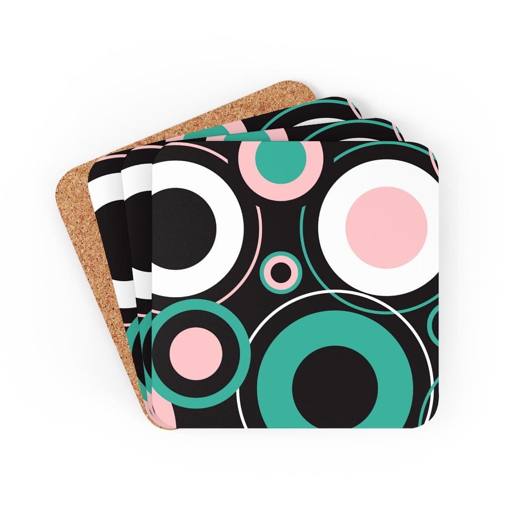 Corkwood Coaster Set - 4 Pieces / Black And Green Circular - Decorative