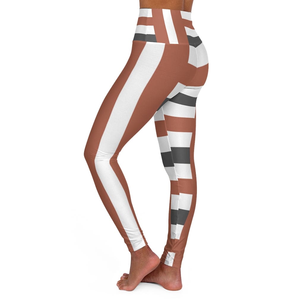 Womens High-waist Fitness Legging Yoga Pants - Brown Grey Stripped - Womens