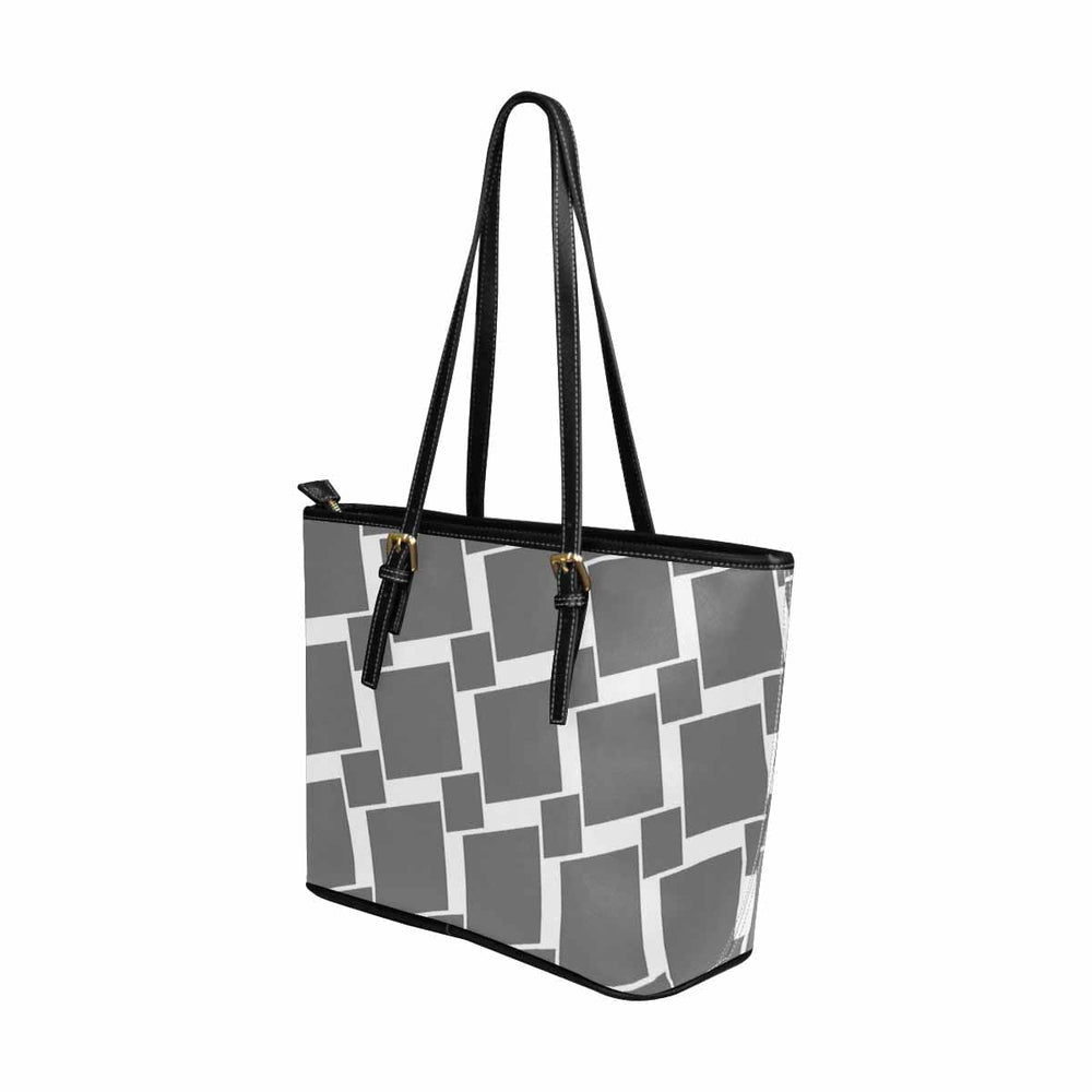 Large Leather Tote Shoulder Bag - Grey and White Grid Illustration - Bags