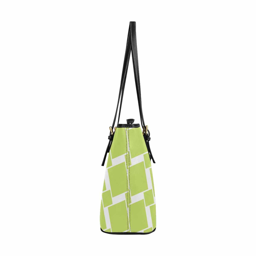 Large Leather Tote Shoulder Bag - Lime Green and White Grid Illustration - Bags