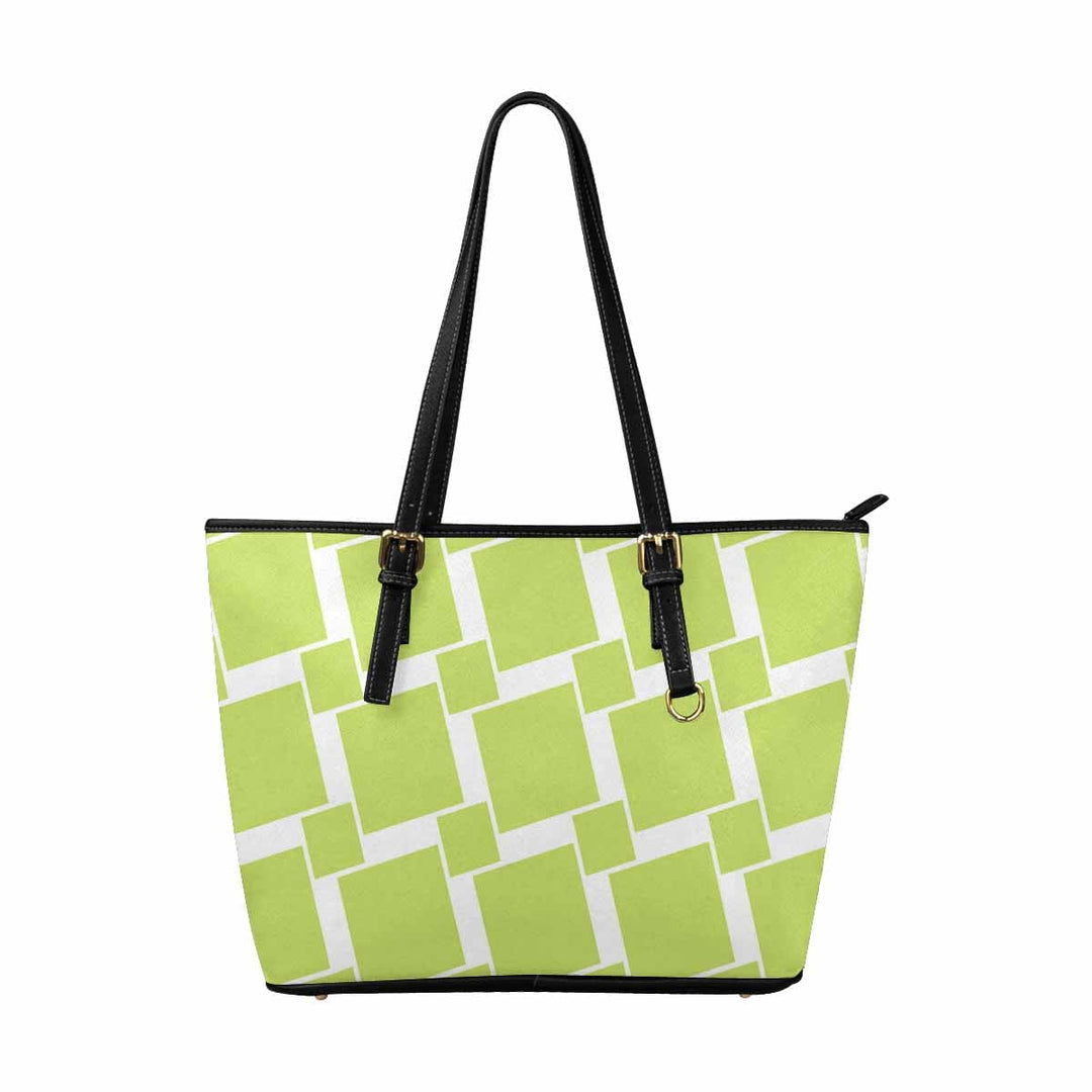 Large Leather Tote Shoulder Bag - Lime Green and White Grid Illustration - Bags