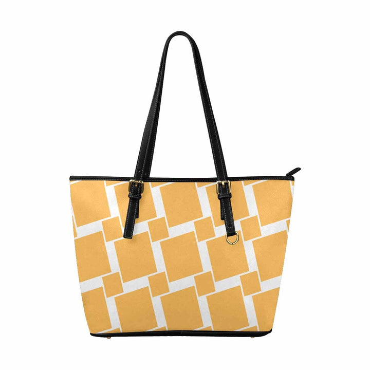 Large Leather Tote Shoulder Bag Yellow and White Grid Illustration - Bags