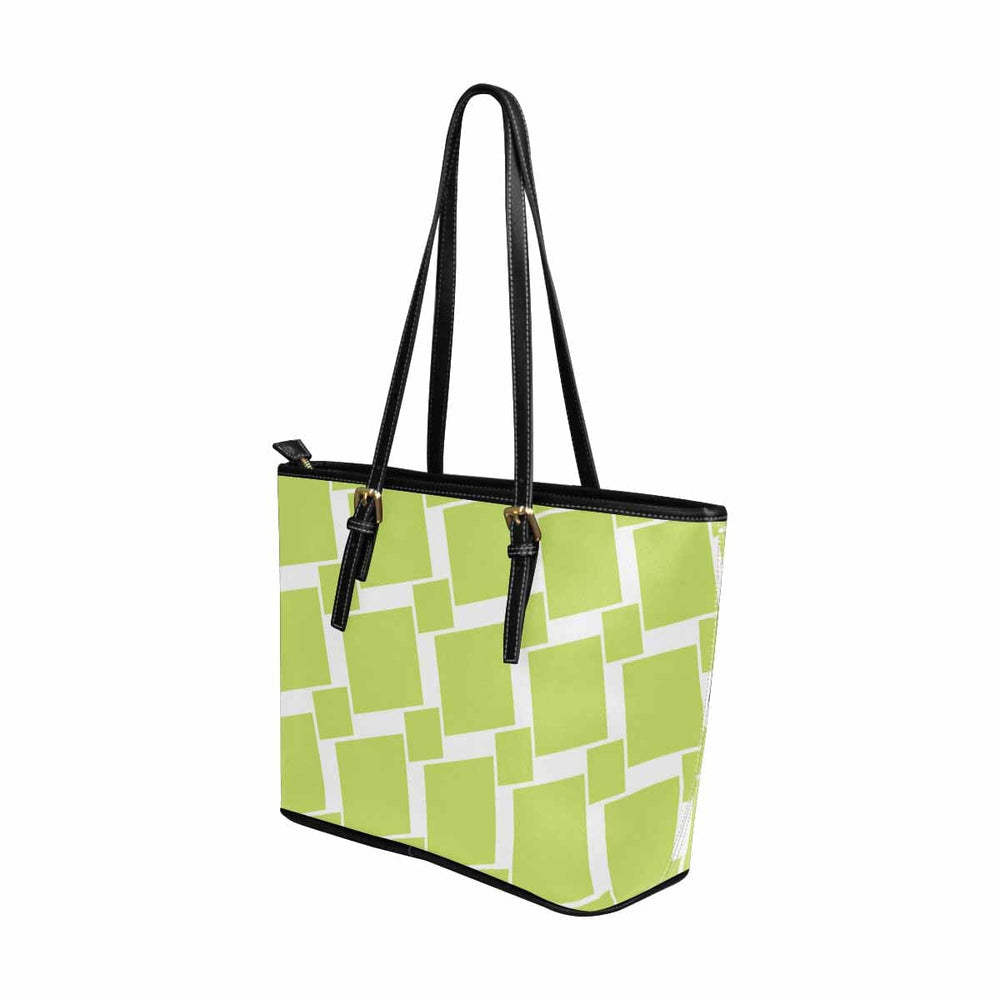 Large Leather Tote Shoulder Bag - Lime Green and White Grid Illustration - Bags