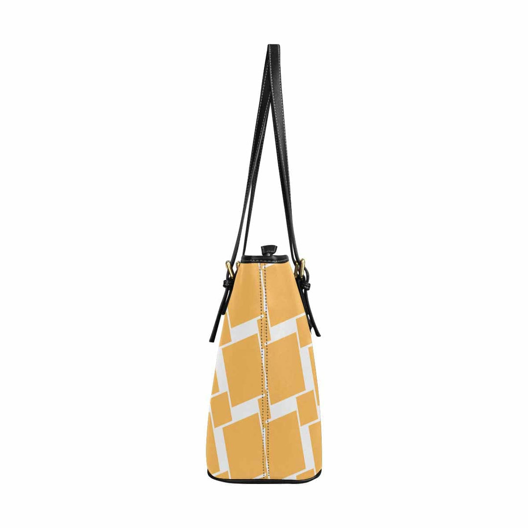 Large Leather Tote Shoulder Bag Yellow and White Grid Illustration - Bags