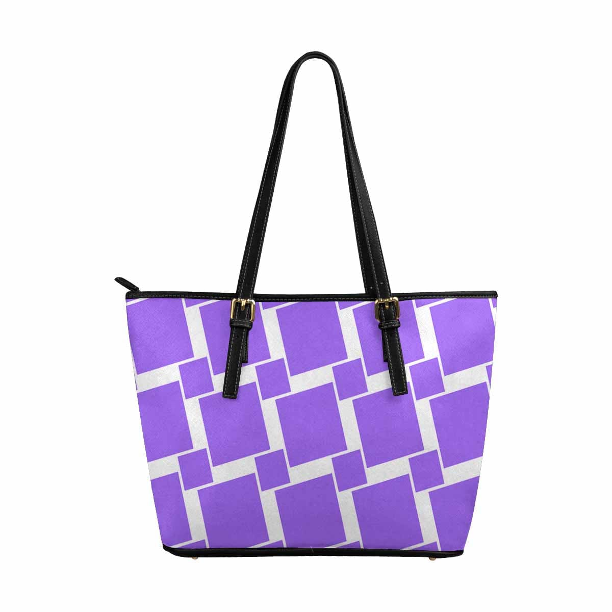 Large Leather Tote Shoulder Bag Lavender Purple Grid Illustration - Bags