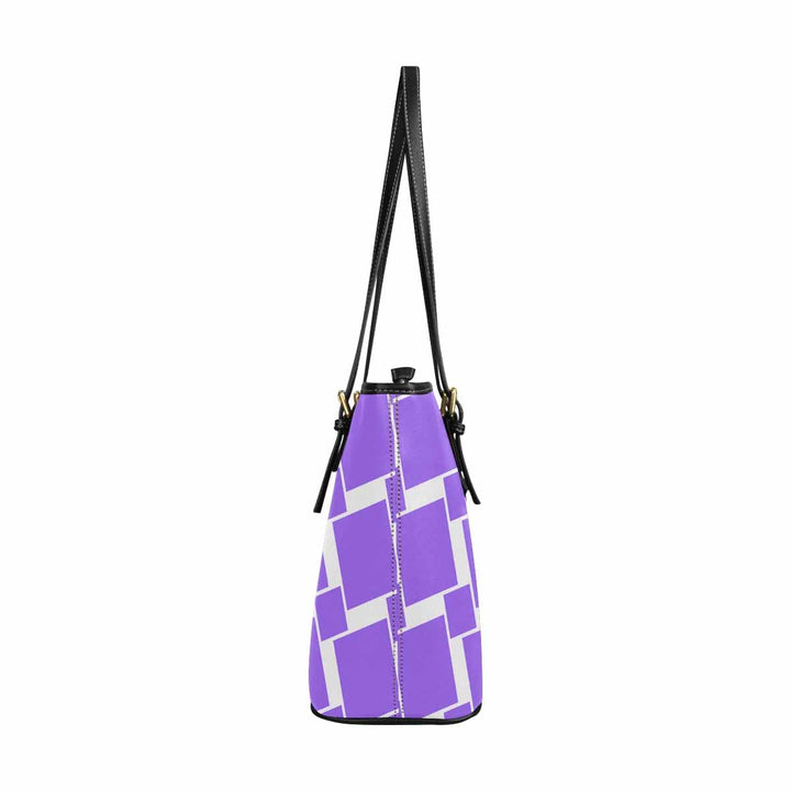 Large Leather Tote Shoulder Bag Lavender Purple Grid Illustration - Bags