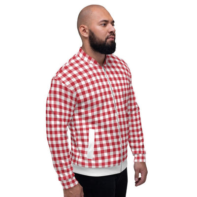 Bomber Jacket For Men Buffalo Plaid Red And White Stripe Pattern - Mens