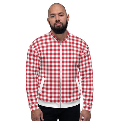 Bomber Jacket For Men Buffalo Plaid Red And White Stripe Pattern - Mens