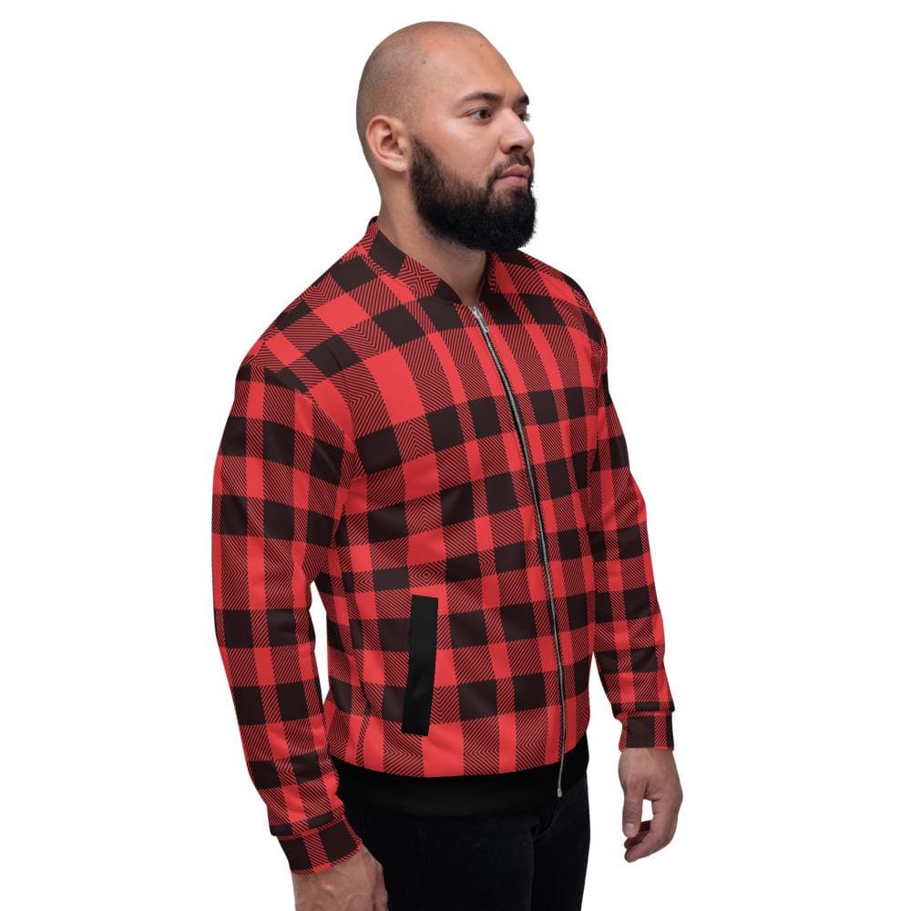 Bomber Jacket for Men - Red and Black Plaid Colorblock Pattern