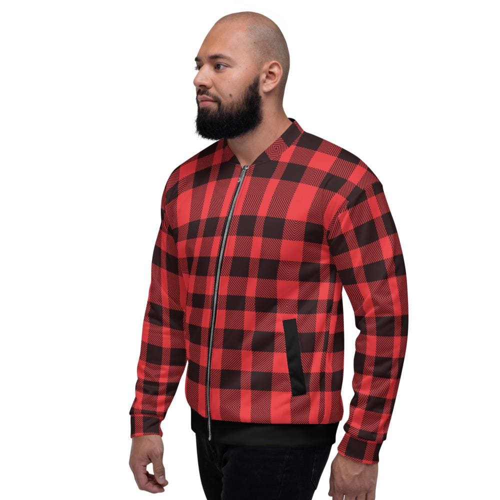 Bomber Jacket for Men - Red and Black Plaid Colorblock Pattern