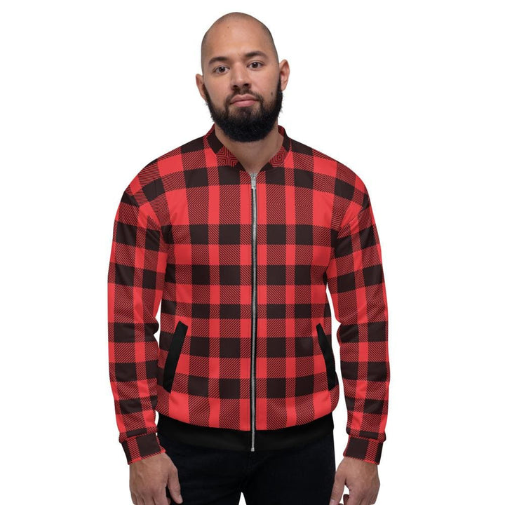 Bomber Jacket for Men - Red and Black Plaid Colorblock Pattern