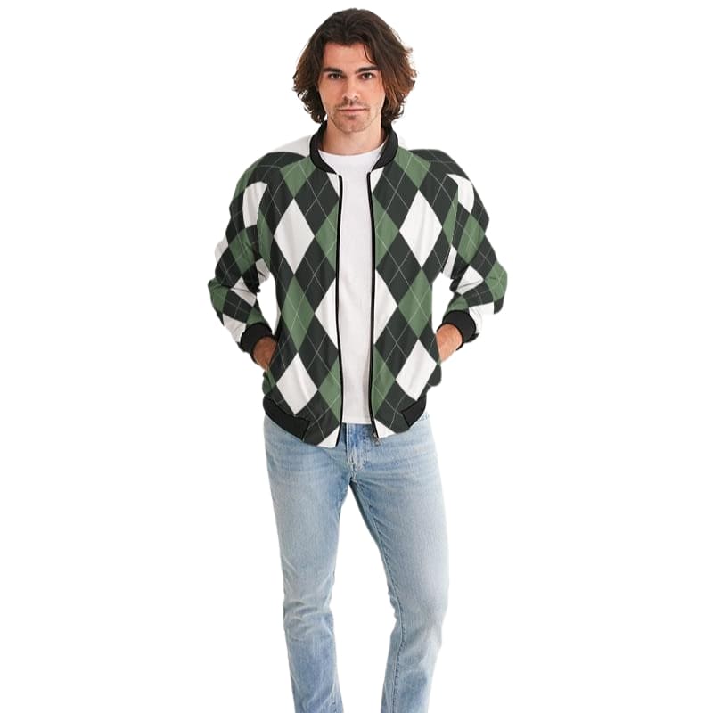 Bomber Jacket For Men Green And White Tartan Plaid Pattern - Mens | Jackets