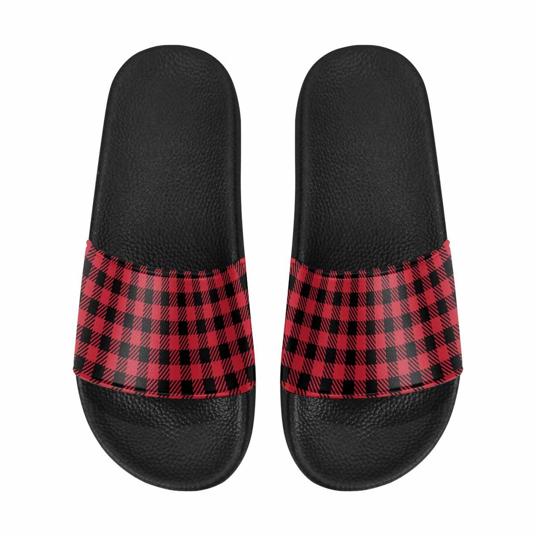 Mens Slide Sandals - Buffalo Plaid Red and Black - Mens/Slides