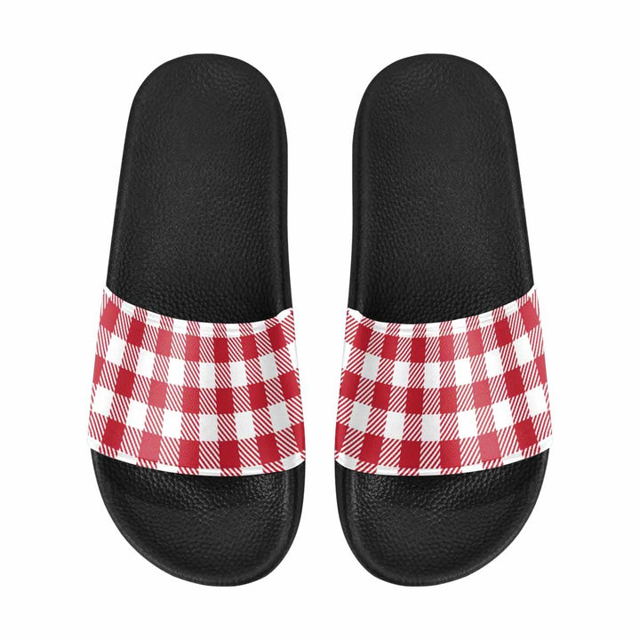 Mens Slide Sandals - Buffalo Plaid Red and White - Mens/Slides