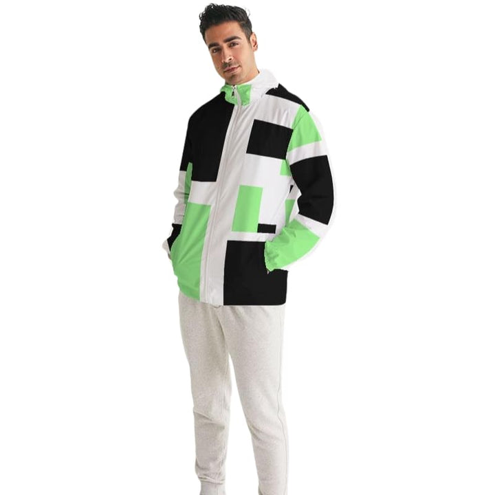 Mens Windbreaker - Hooded / Green Tricolor - Mens/Jackets/Windbreakers