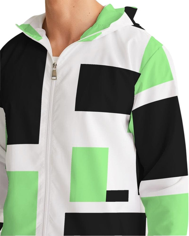 Mens Windbreaker - Hooded / Green Tricolor - Mens/Jackets/Windbreakers