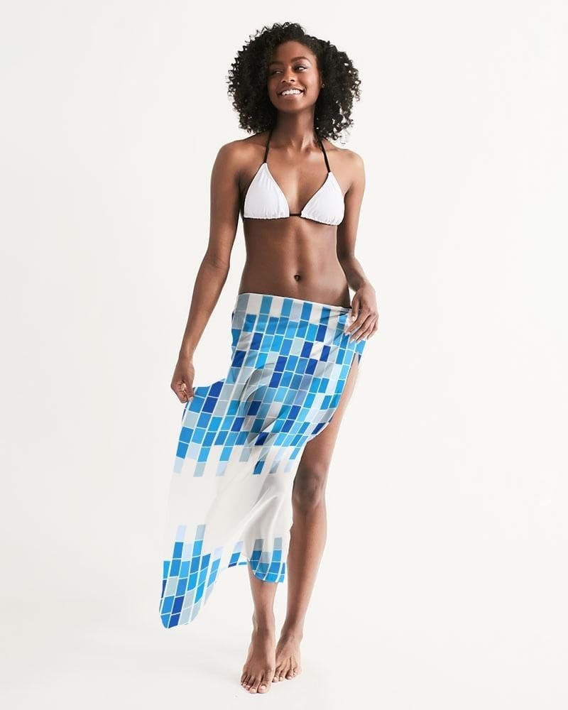 Sheer Mosaic Square White And Blue Swimsuit Cover Up - Womens | Oversized Scarf