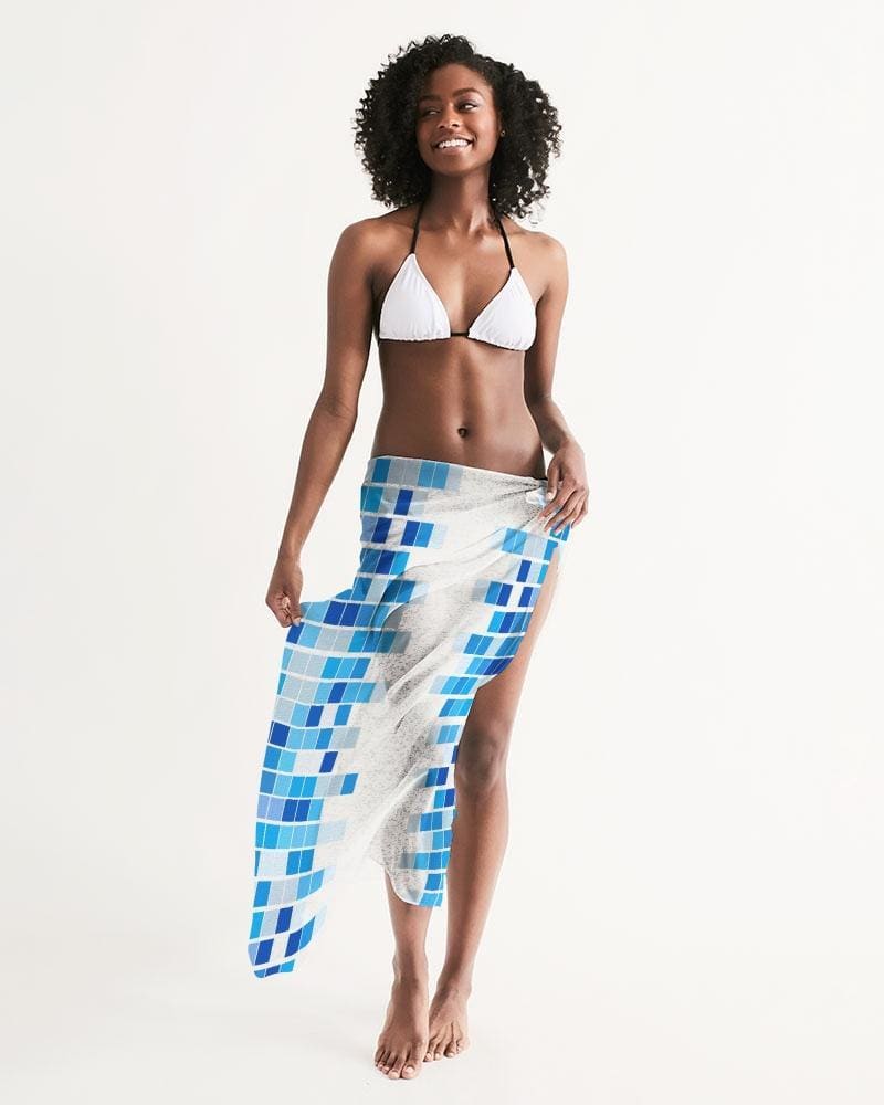 Sheer Mosaic Squares Blue And White Swimsuit Cover Up - Womens | Swimwear