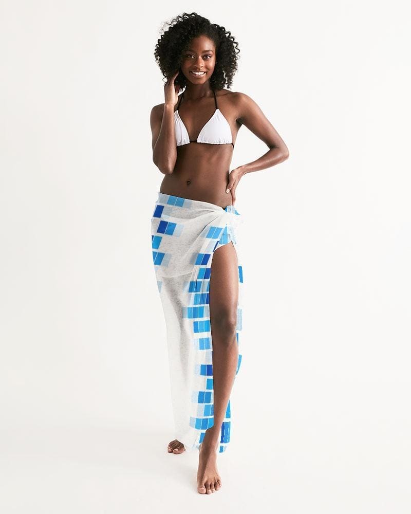 Sheer Mosaic Squares Blue And White Swimsuit Cover Up - Womens | Oversized