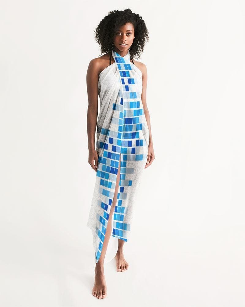 Sheer Mosaic Squares Blue And White Swimsuit Cover Up - Womens | Oversized