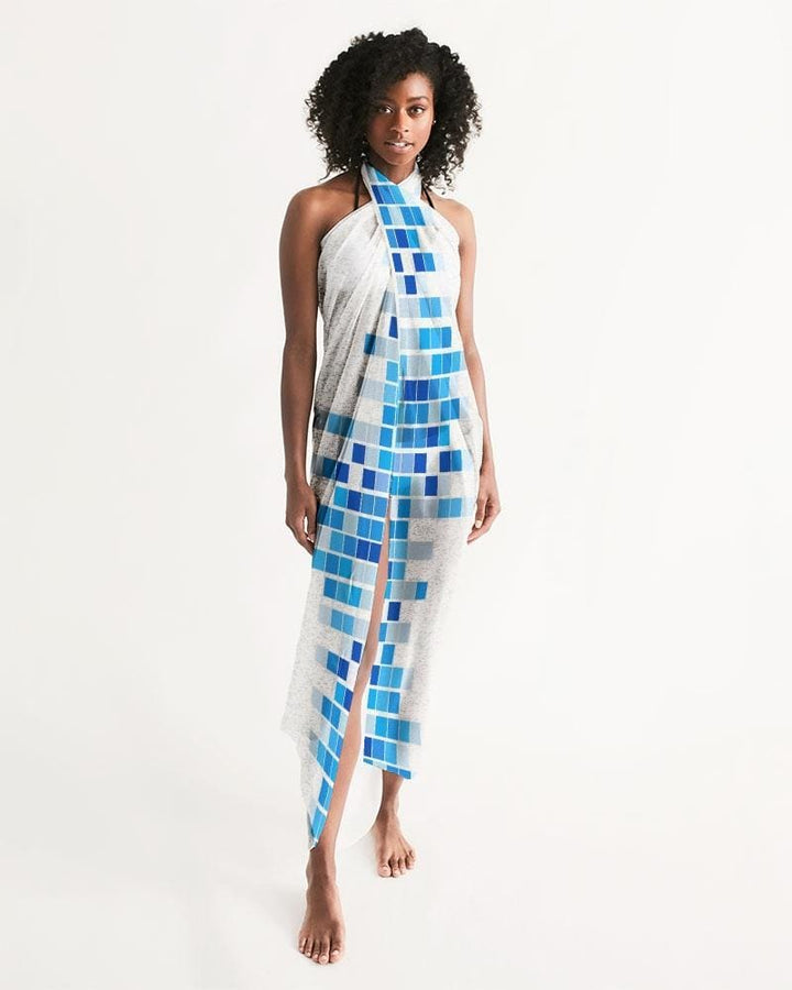 Sheer Mosaic Squares Blue and White Swimsuit Cover Up - Womens | Oversized