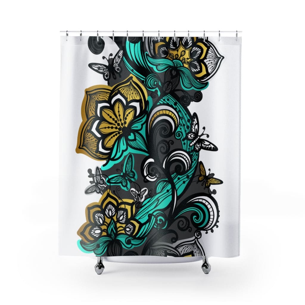 Shower Curtain Floral Black And Green Whimsical Print - Decorative | Shower