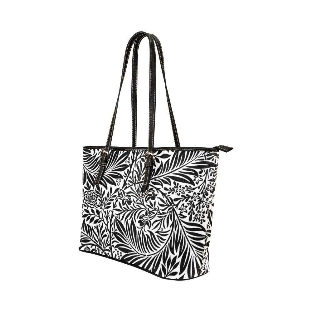 Large Leather Tote Shoulder Bag - Black And White Tropical Pattern Illustration