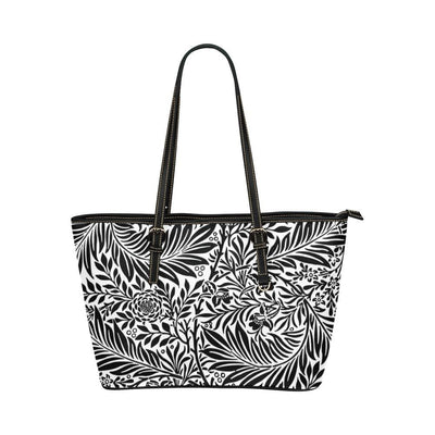 Large Leather Tote Shoulder Bag - Black And White Tropical Pattern Illustration