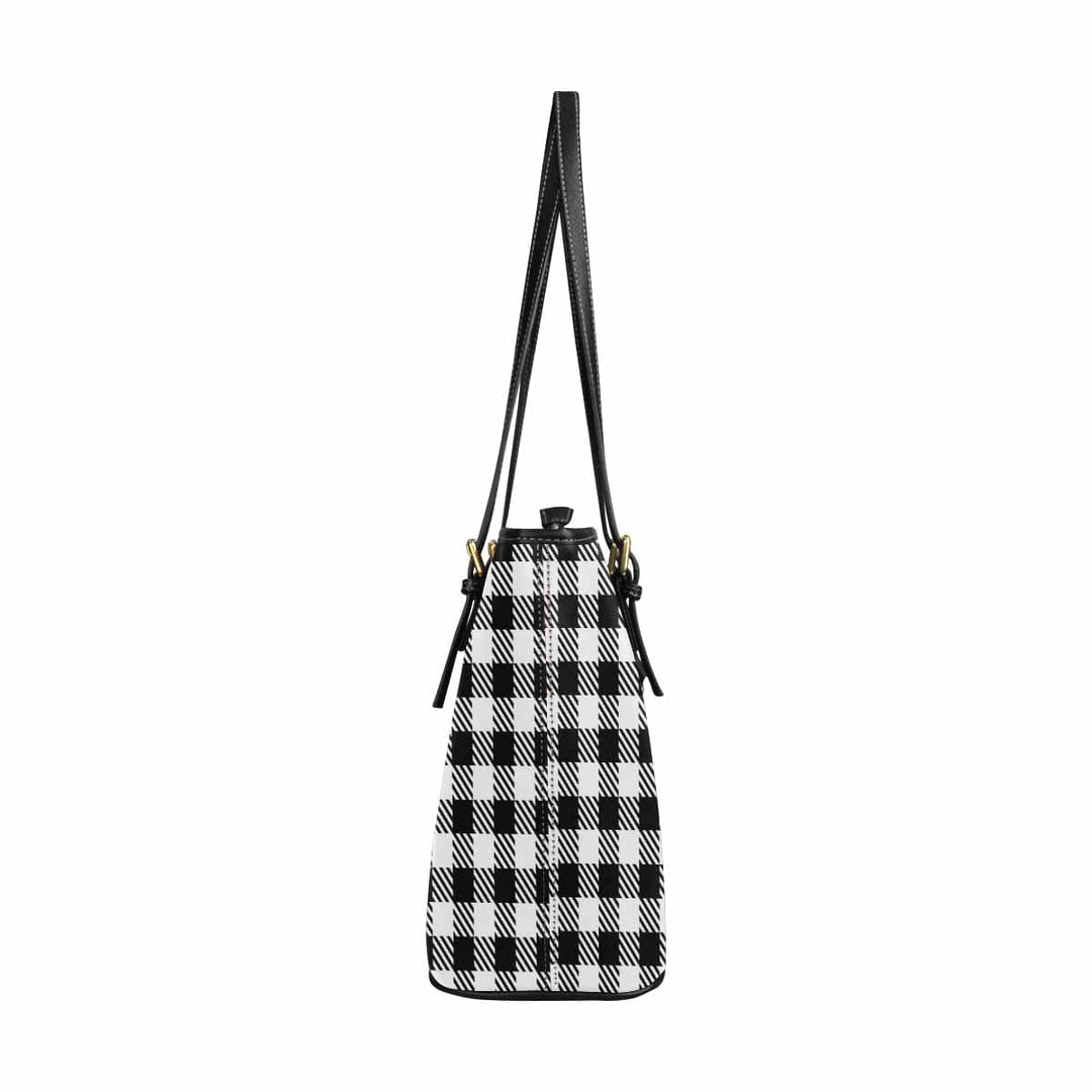 Large Leather Tote Shoulder Bag - Buffalo Plaid Black and White - Bags