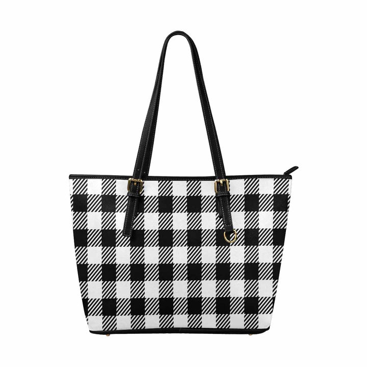 Large Leather Tote Shoulder Bag - Buffalo Plaid Black and White - Bags