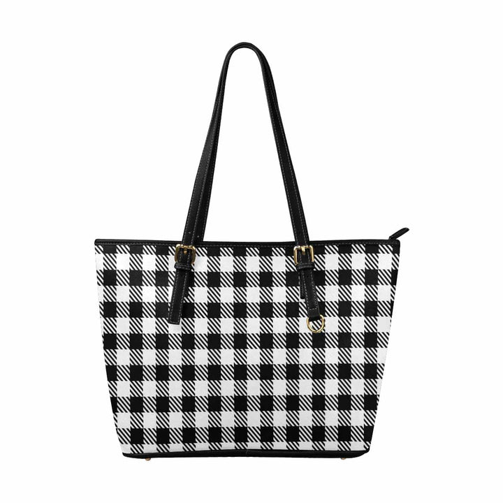 Large Leather Tote Shoulder Bag - Buffalo Plaid Black and White - Bags