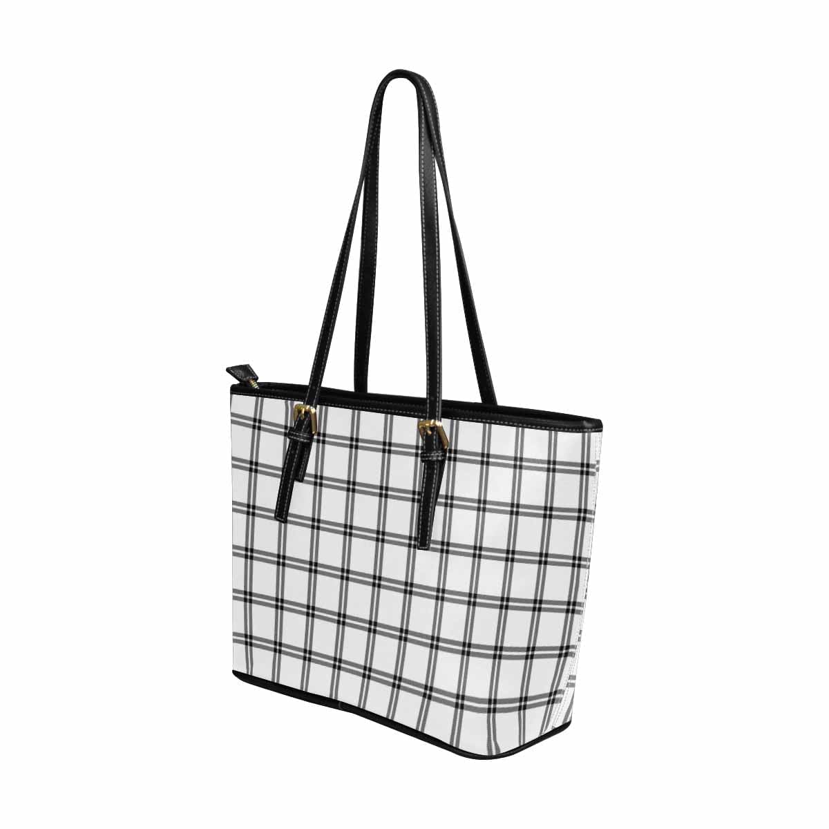 Large Leather Tote Shoulder Bag - Buffalo Plaid Black And White - Bags | Leather