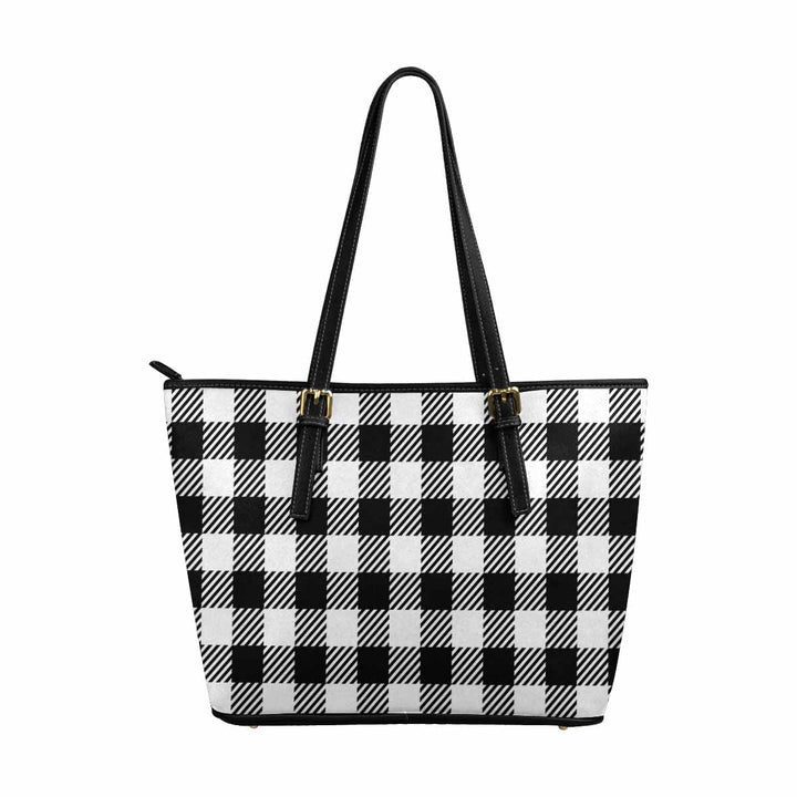 Large Leather Tote Shoulder Bag - Buffalo Plaid Black and White - Bags