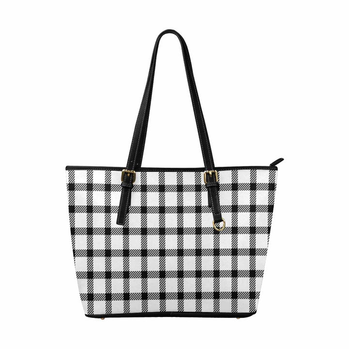 Large Leather Tote Shoulder Bag - Buffalo Plaid Black and White - Bags